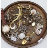 A Tray containing various costume jewellery, Ingersoll watch, cuff links and old porcelain lids