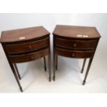 A pair of Antique style bow front side tables with 2 drawers, upon square angled tapered legs.