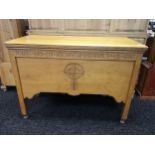 Antique oak church presentation table with engraved banner to the front and engraved central cross