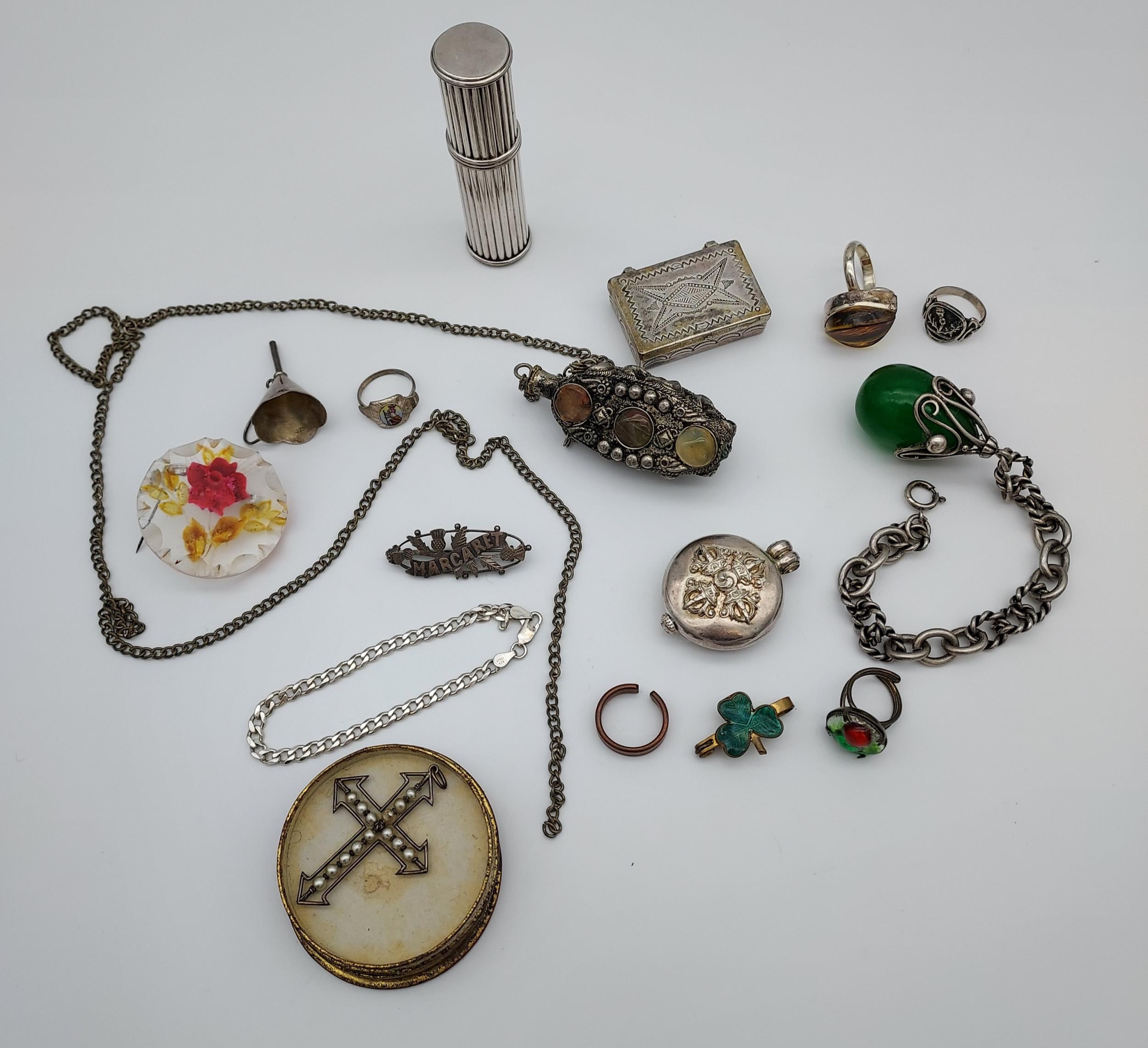 A Selection of jewellery odds to include silver rings, silver flask funnel, Christofle France