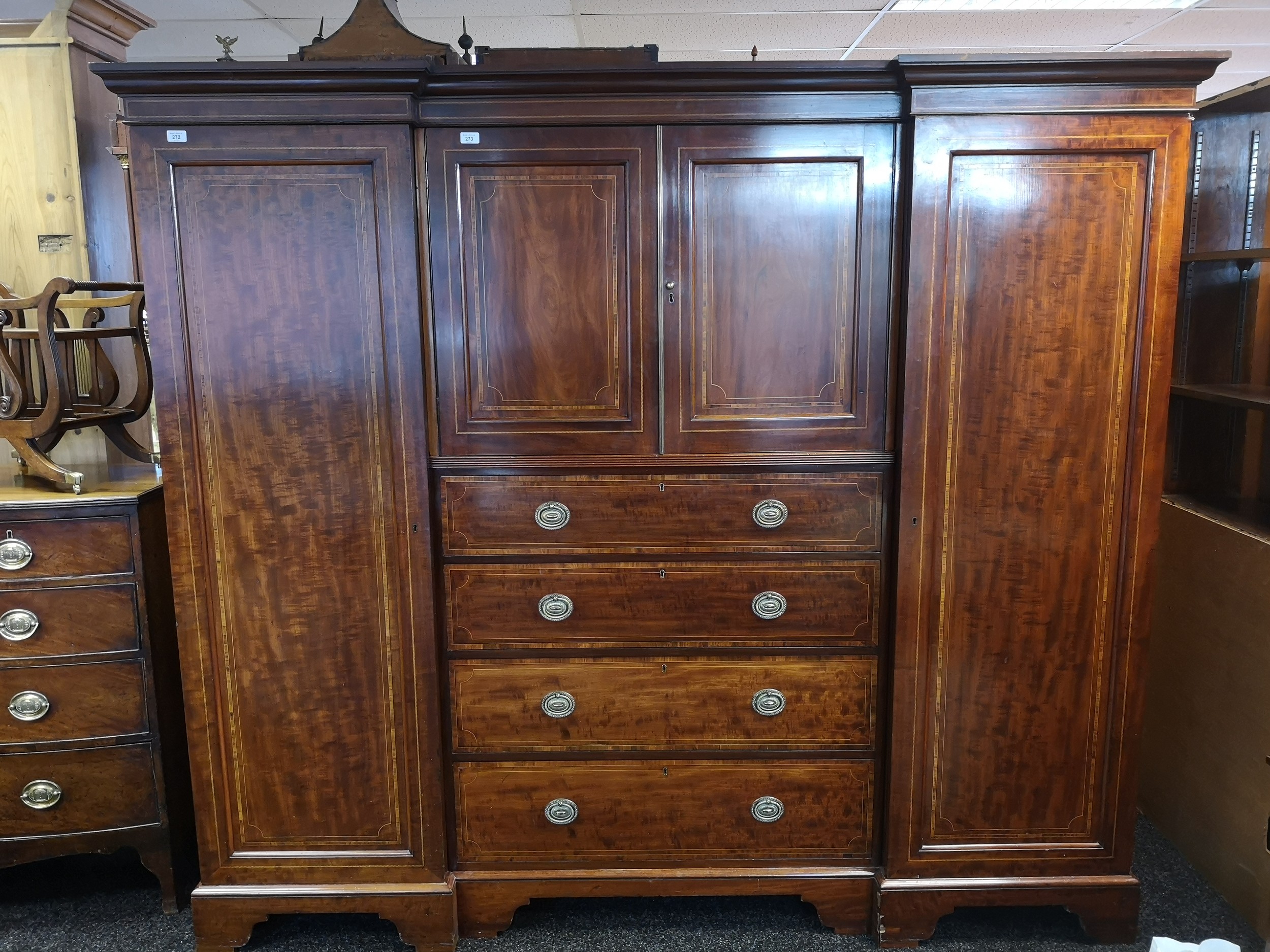 19th century mahogany compactum wardrobe, inlay detail throughout, central pair of doors above