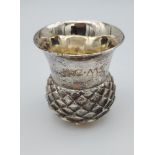 Edinburgh silver thistle shaped pot. Produced by Hamilton & Inches. [116.05grams] [6cm in height]