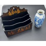 A Chinese blue and white 6 character signature small vase and Chinese lacquered letter holder.