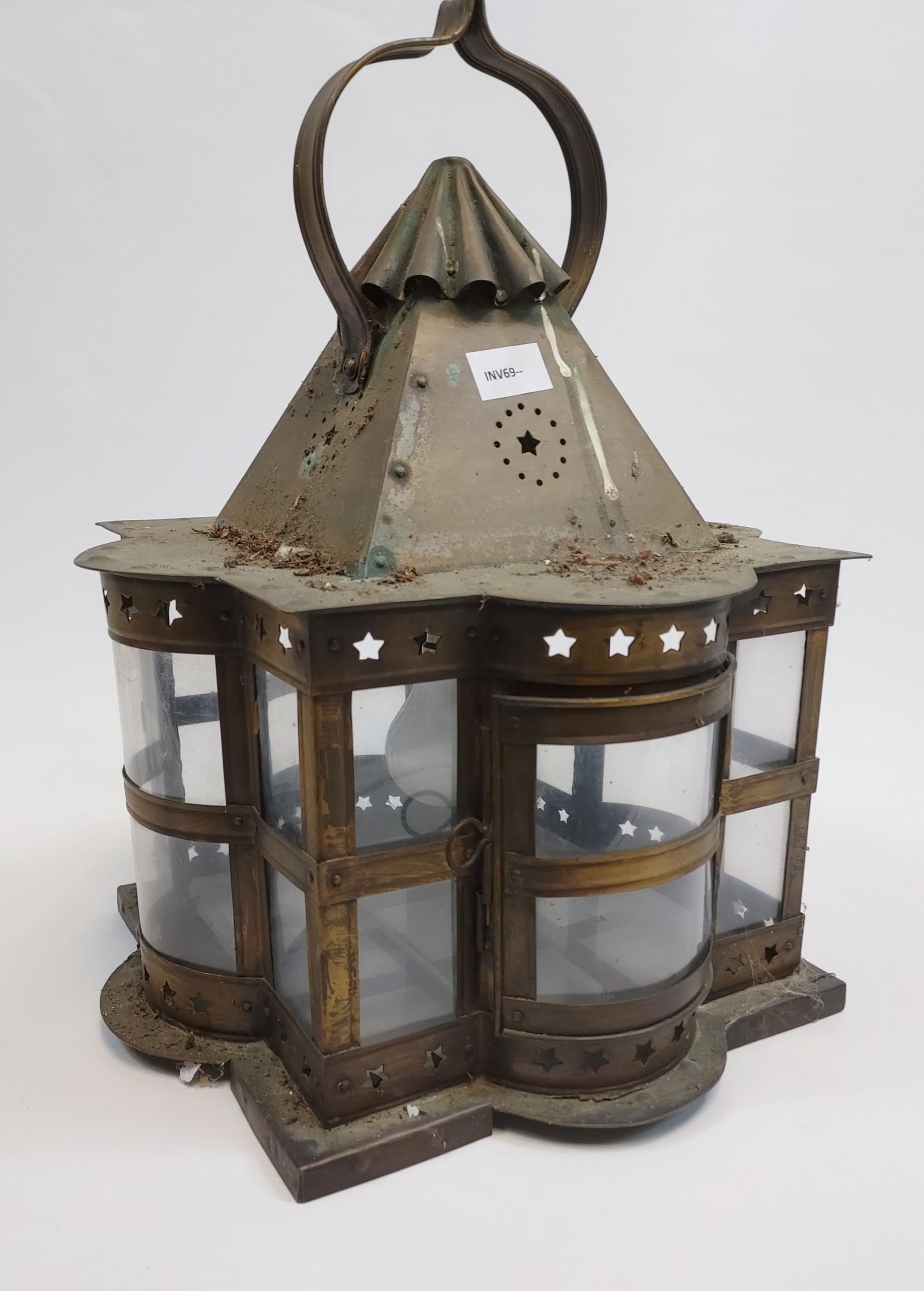 An antique Turkish style hanging lantern. Of square form with projecting demi lune sections, - Image 2 of 2