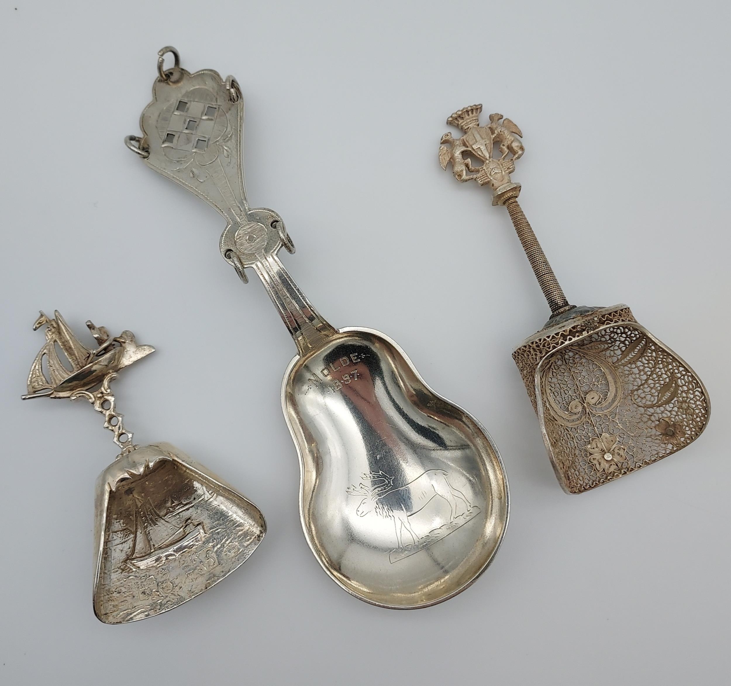 Three Silver caddy spoons to include Norwegian 830s caddy spoon made by Marius Hammer (1847 -