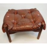 A Mid century Button-upholstered red leather stool, supported on a teak structure [40x67x54cm]