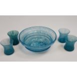 A Possible Scottish Art [Monart] Glass bowl with four matching drinking glasses. Presented in a blue