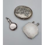 Silver 925 art deco design flint striker, 925 silver scent bottle and 825 Dutch silver snuff box.