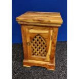 20th century solid wood bedside table, open crossover design enclosed by a window design to the