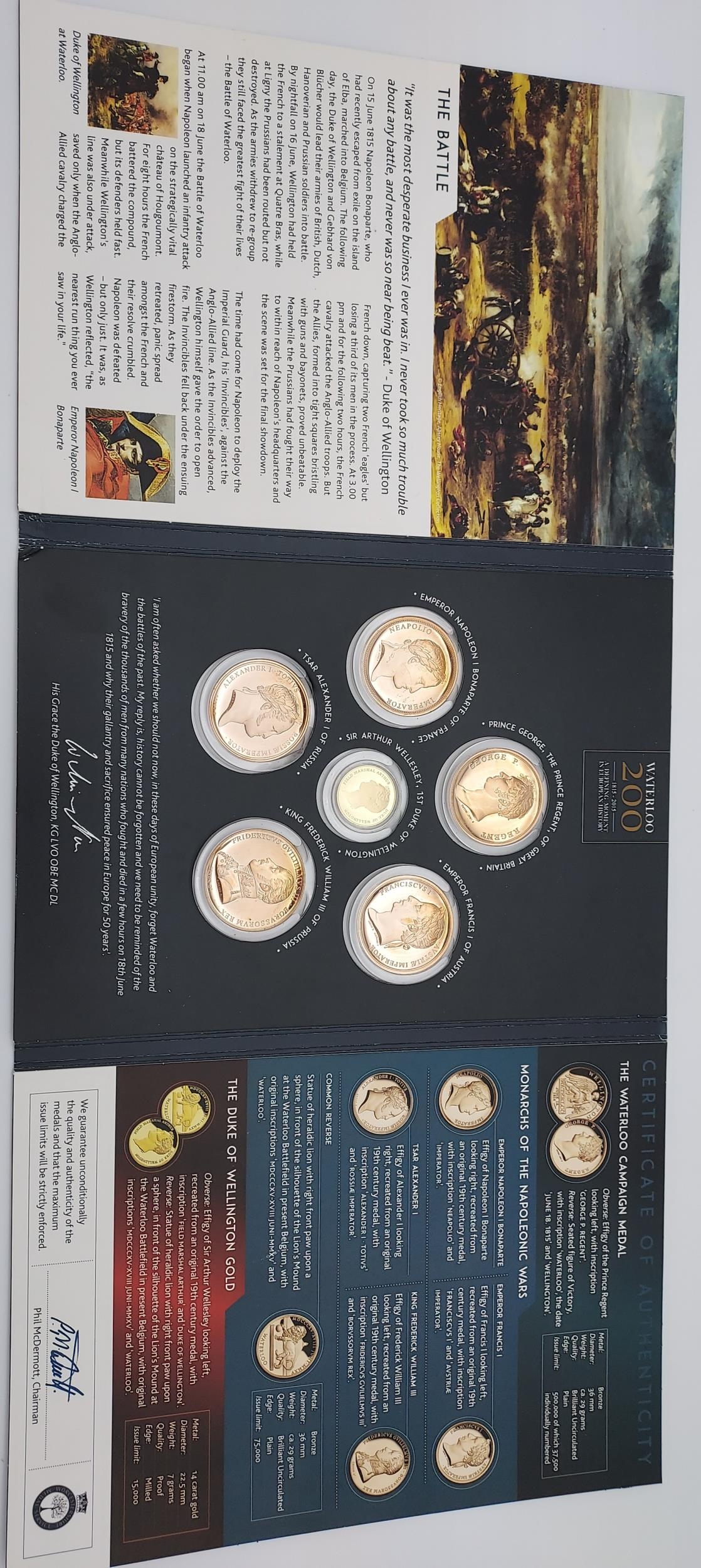 The Battle of Waterloo 6 piece coin set contains The duke of Wellington 14ct gold coin.