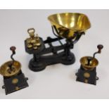 Antique kitchen scales with brass weighing bowl and weights, Together with two Archibald Kenrick &