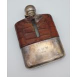 Antique Sheffield silver, glass and leather hip flask. [17cm in height]