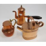 Three various copper wares to include wooden handle coffee pot, copper watering can and water jug.