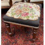 Victorian stool, the square padded seat upholstered in a tapestry design, raised on turned