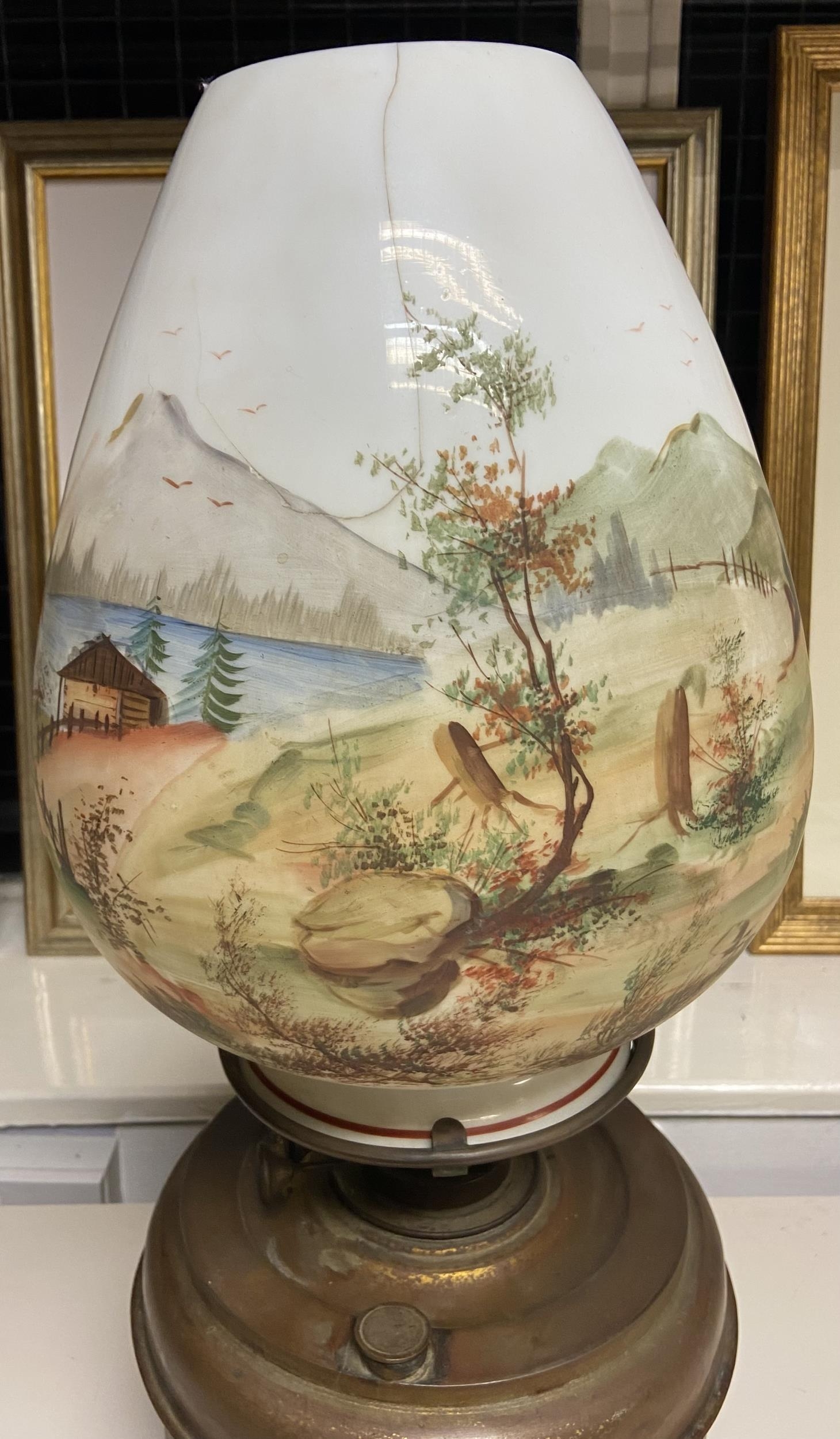 A Large antique paraffin lamp designed with a hand painted glass shade. [shade has a hairline crack] - Image 7 of 8