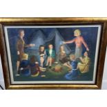 A Large unsigned oil on canvas depicting women round a camp fire. Fitted within a Contemporary