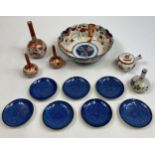 A Selection of Japanese porcelain wares to include imari bowl, Kutani bud vases and kutani saki