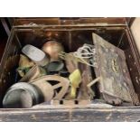 A Metal travel trunk containing Middle east/ Tibetan brass and copper wares.