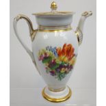 A 19th century Meissen hand painted floral design coffee pot, designed with gilt painted trims. [Lid