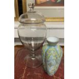 Antique blown glass lidded preserve urn together with an ornate white glass and hand painted vase.