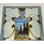 A Large antique hand painted window panel. Depicts boats and harbour scene surrounded by art nouveau