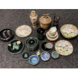 A Selection of Chinese collectables to include Cloisonné, paper mache plates, Brown mark vase and
