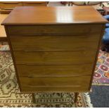 A Mid century teak Scandinavian style five drawer chest designed on pedestal legs. [109x85x47cm]