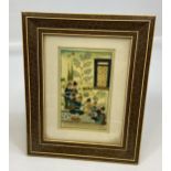 An Indian hand painted panel depicting persons conversating. Fitted within a mosaic style frame. [