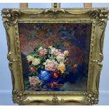 Oil painting on canvas depicting still life flowers and vase. Signed D Davidson. [Gilt frame