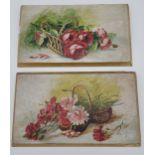 Two Antique Paintings on wood depicting flower baskets and roses. [17x30cm]