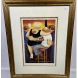 A Signed limited edition print by the artist Beryl cook. Titled 'Two on a stool' [Gilt frame