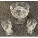 Crystal engraved stem bowl together with two engraved cherub goblets