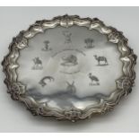 A Large Sheffield silver presentation tray, designed with ornate trims and feet. Produced by