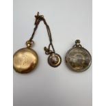Antique Elgin gold plated pocket watch, gilt albert chain and Chester silver fob medal. Together
