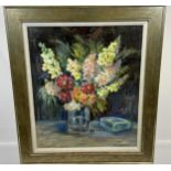 E.M. Malcolm Original still life oil painting on board titled 'Garden Flowers' Fitted within a