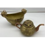 Antique Gilt brass and copper Chinese/ middle east ornate teapot and centre piece bowl. Both