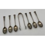A Set of 6 Victorian London silver tea spoons and sugar tongs. [84grams]