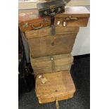 A Collection of vintage travel cases to include wicker and hide basket, and two possible camel