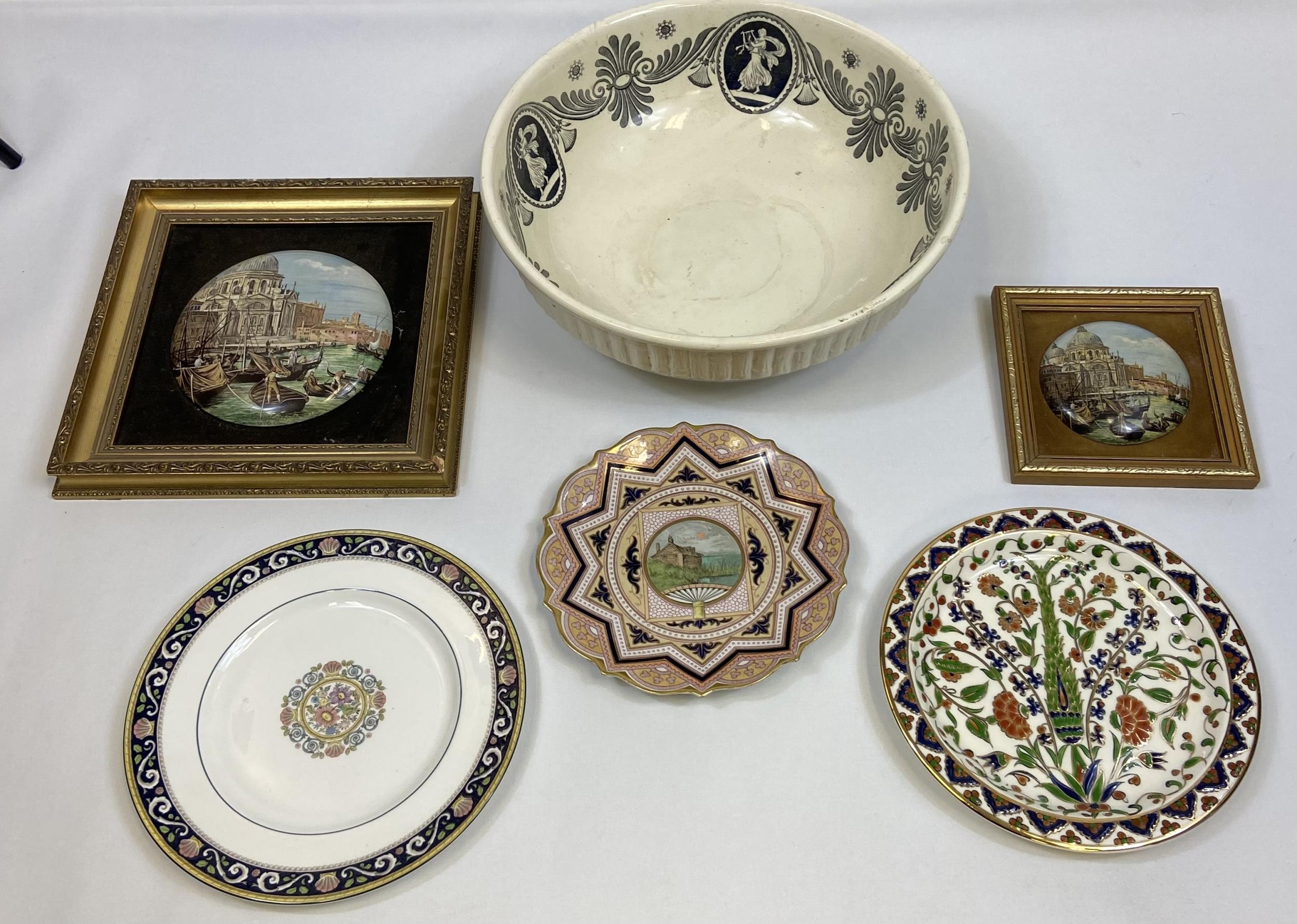 Art Nouveau wash bowl, Two wall plaques and three collectors plates-m Wedgwood, Victorian plate