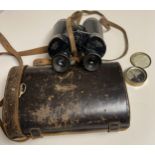 A Vintage Busch Terlux binoculars with carry case and Singers Compass.