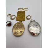 Two Pairs of 9ct gold hoop earrings, 925 silver locket, Rolled gold locket, tiger eye and silver