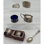 A Selection of silver items to include ornate Birmingham silver mustard pot with spoon and blue
