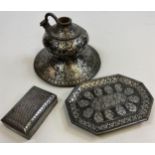 Three Antique Birdi ware heavy metal and silver inlaid Indian items. Includes smoking pipe base,