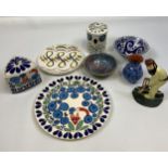 A Collection of studio pottery items to include hand painted fox design cake plate and preserve pot.