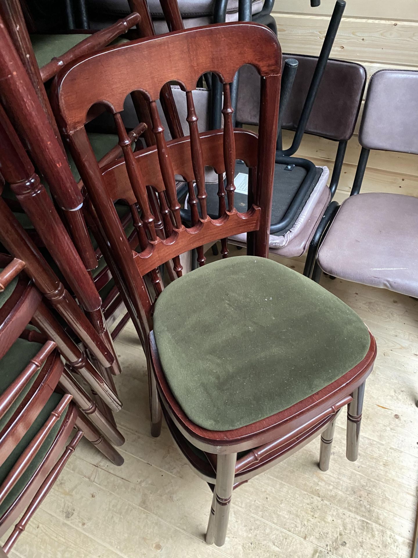 10 x Mahogany Effect Spindle Back Dining Chair with Green Upholstered Seat (Stackable)