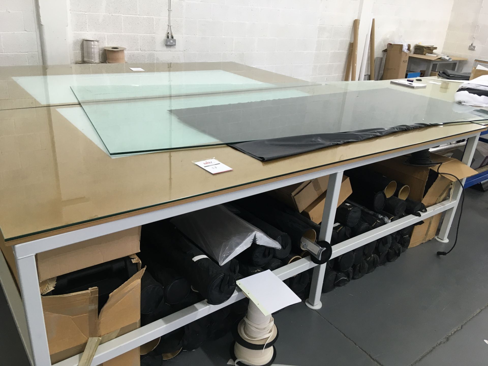 Heavy duty, glass topped alloy framed work table 3.0m x 1.5m - with integral light box