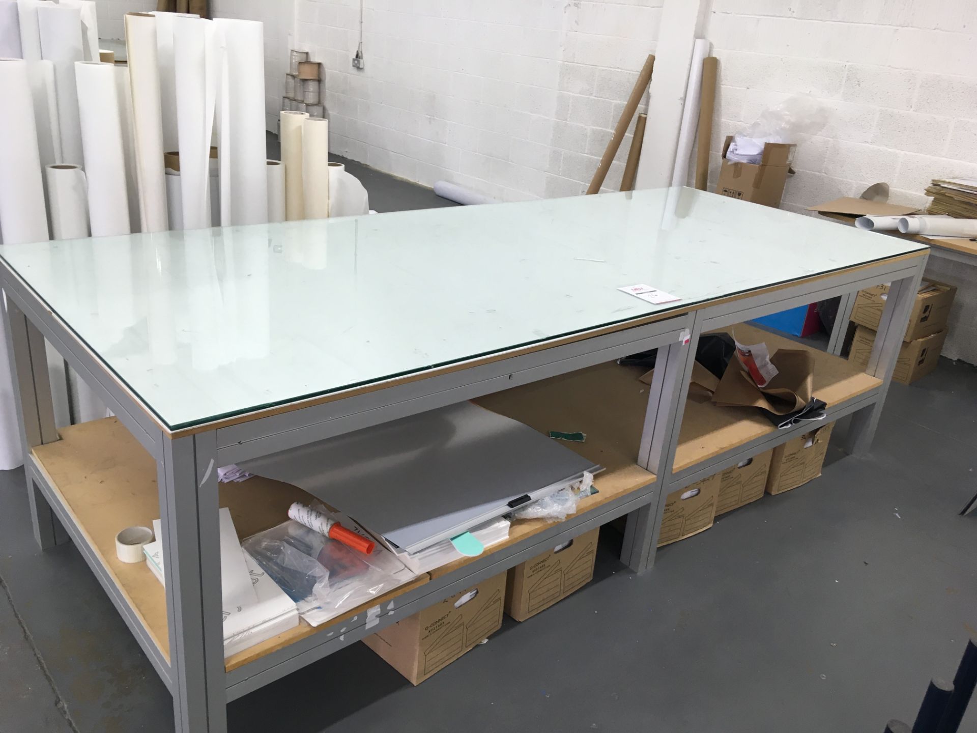 Heavy duty, glass topped alloy framed work table 3.0m x 1.2m