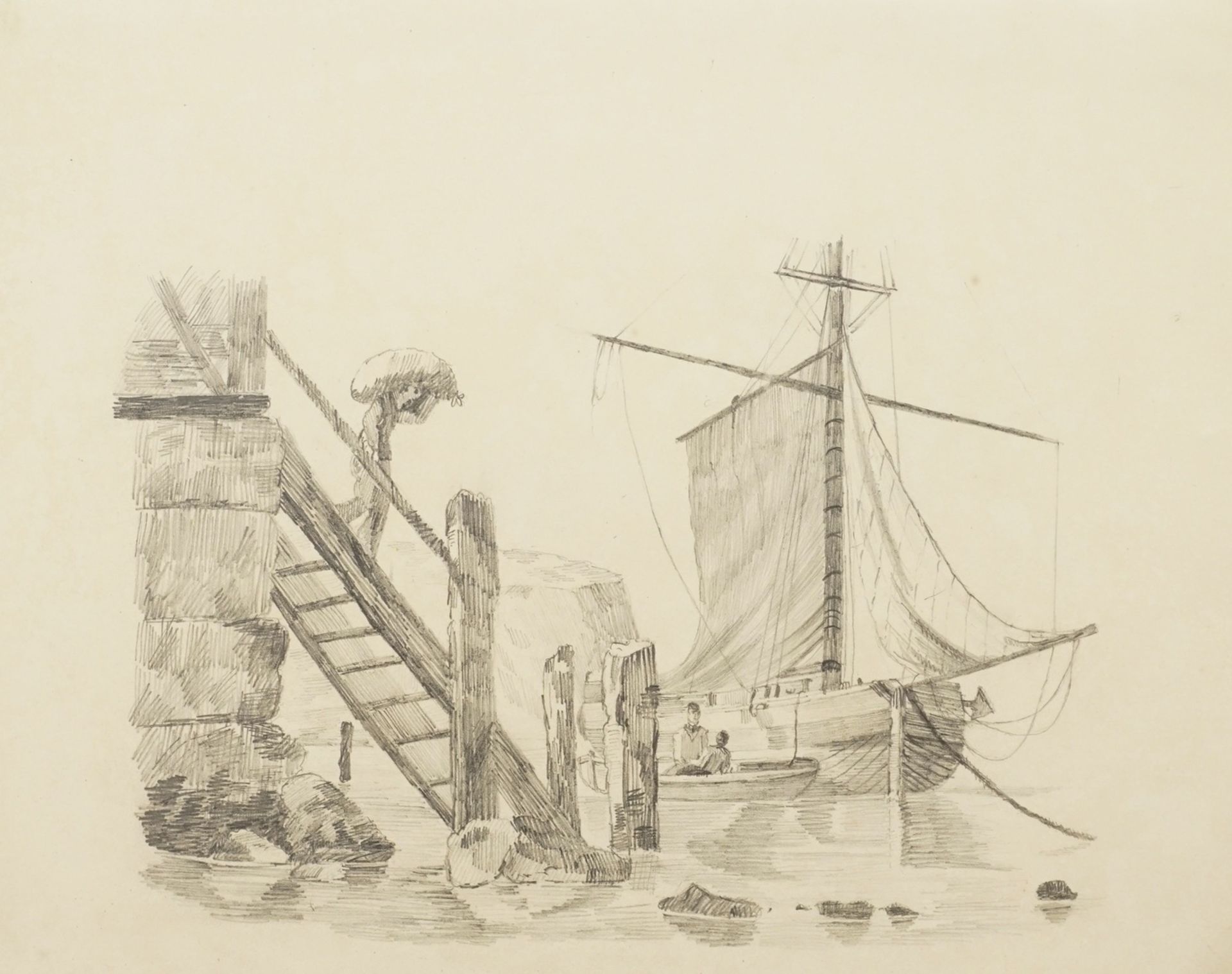 Landschaftsmaler,  Segler und Beiboot an der Hafenmauer