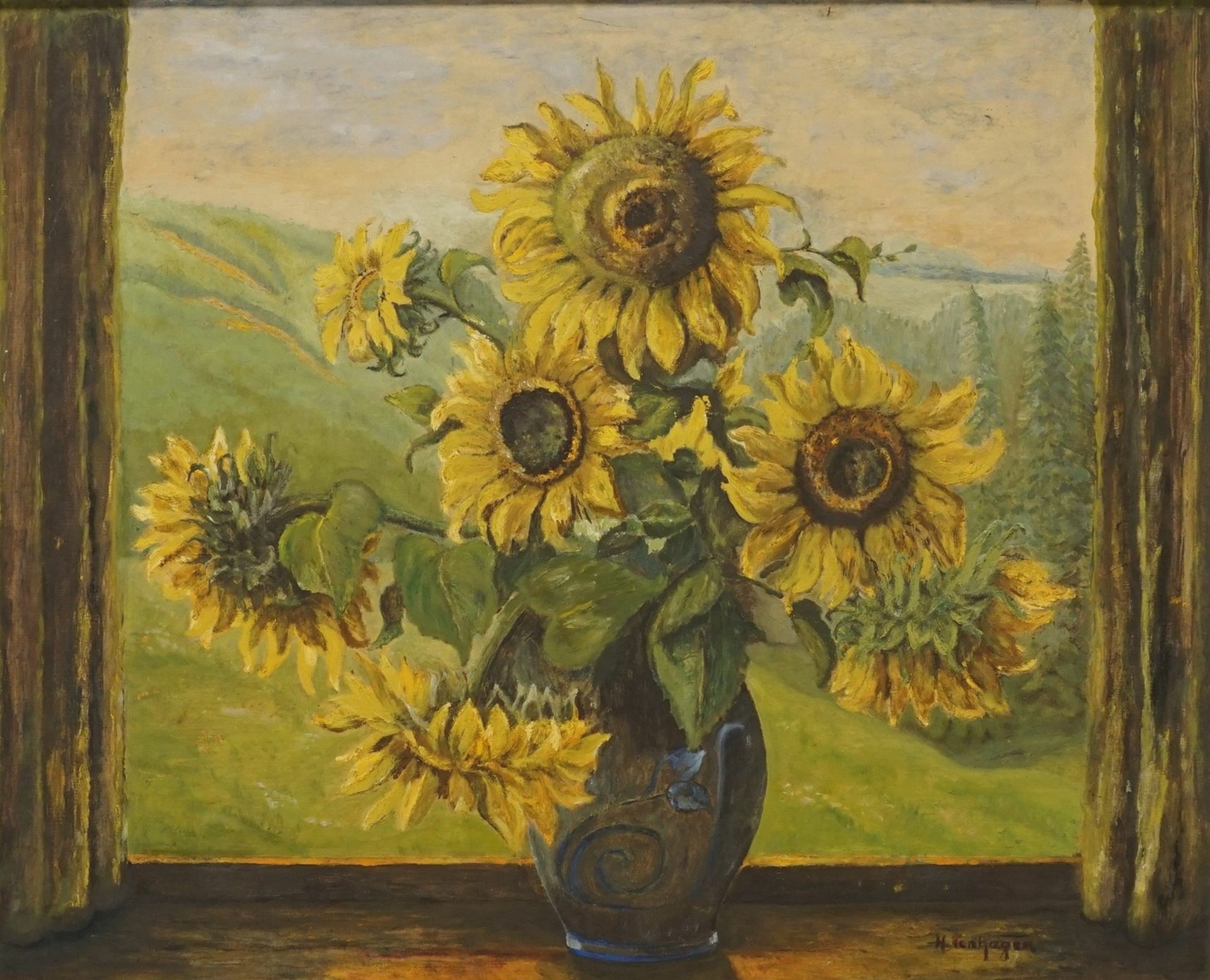 H. Tenhagen,  "Sonnenblumenstrauß am Fenster"