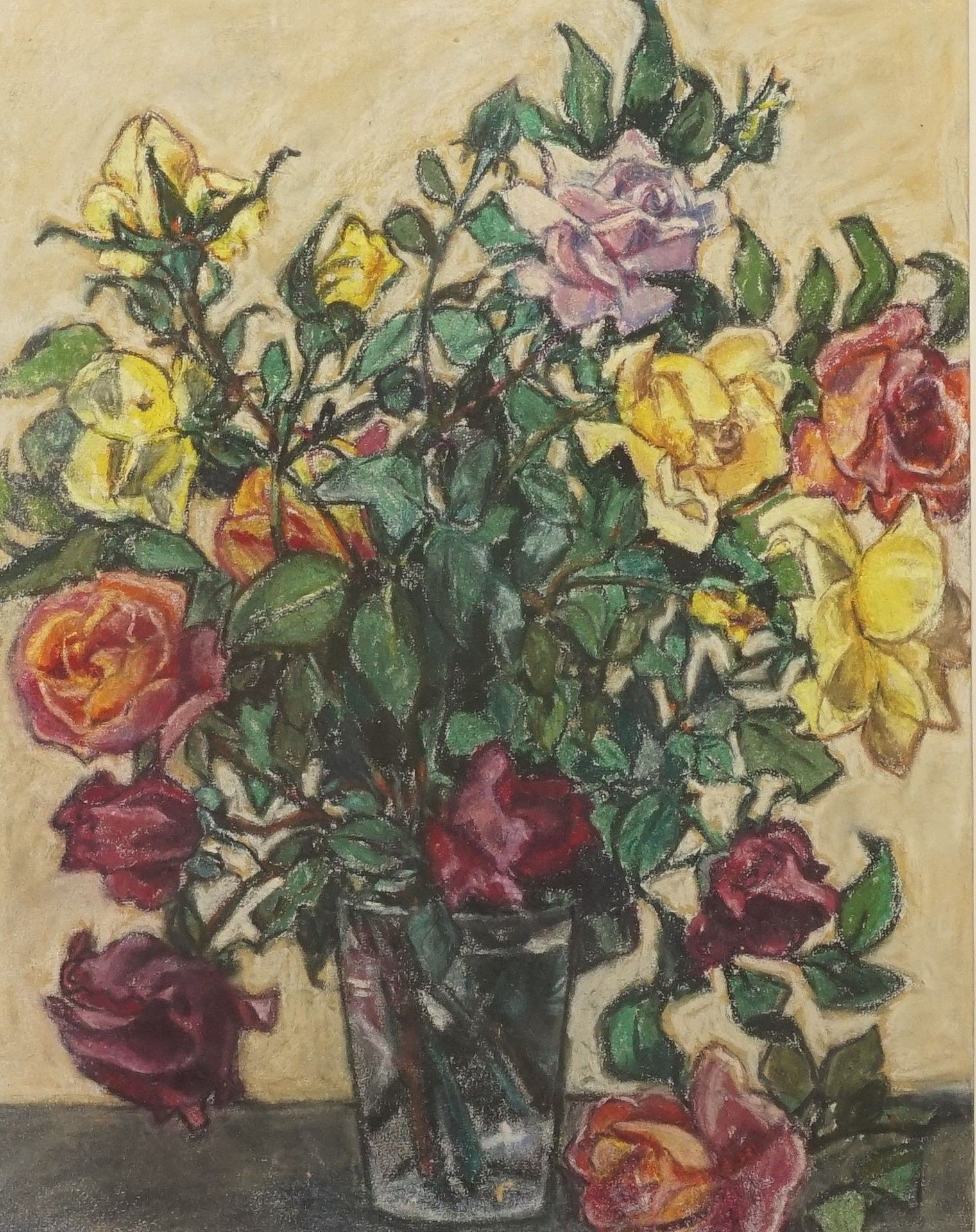 Unbekannter Maler, "Üppiger Rosenstrauß in Glasvase"